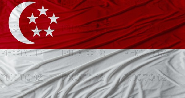 Close up of Singapore flag waving. Flag of Singapore with cloth texture