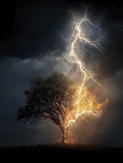 A tree is struck by lightning and catches fire under a dark stormy sky, AI generated, AI generated