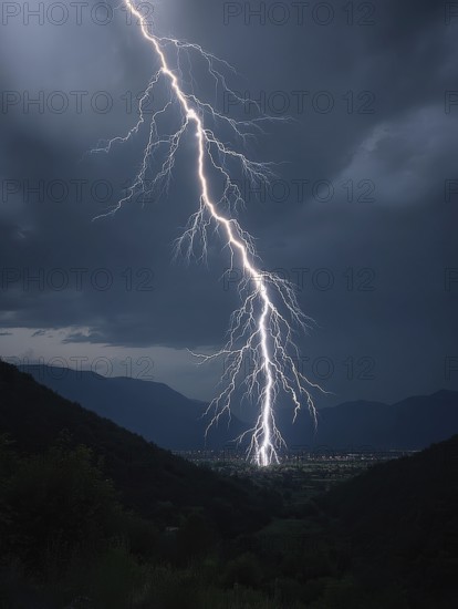 A large flash of lightning illuminates the night sky over a landscape surrounded by mountains, AI generated, AI generated