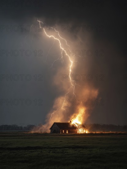 Lightning strikes a detached wooden barn in a field, the barn is on fire, in the middle of a dramatic thunderstorm at night, AI generated, AI generated