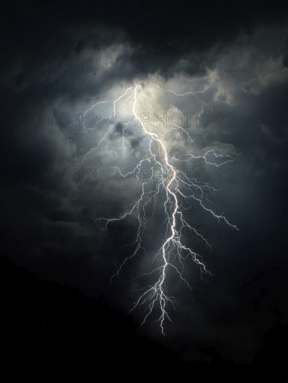 A bright flash passes through dark clouds in a dramatic night scene, AI generated, AI generated