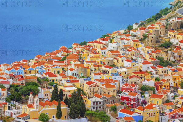 Chorio (upper town), high angle view, Chorio, Symi Island, Dodecanese Islands, Greece