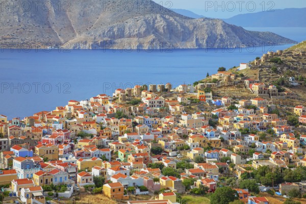 View over Chorio (upper town), Chorio, Symi Island, Dodecanese Islands, Greece