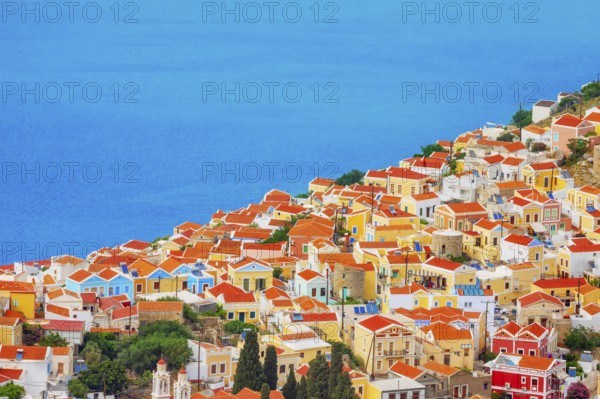 Chorio (upper town), high angle view, Chorio, Symi Island, Dodecanese Islands, Greece