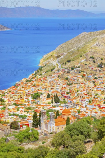 Chorio (upper town), high angle view, Chorio, Symi Island, Dodecanese Islands, Greece