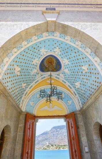 Panormitis monastery painted ceiling, Panormitis, Symi Island, Dodecanese Islands, Greece