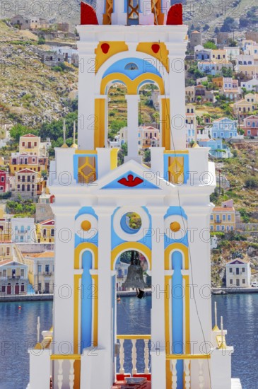 Church of Evangelismos (also known as Annunciation Church) bell tower, Gialos, Symi Island, Dodecanese Islands, Greece