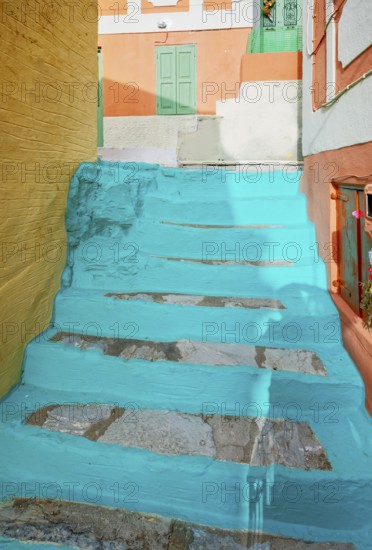 Colourful painted alley, Chorio, Symi Island, Dodecanese Islands, Greece