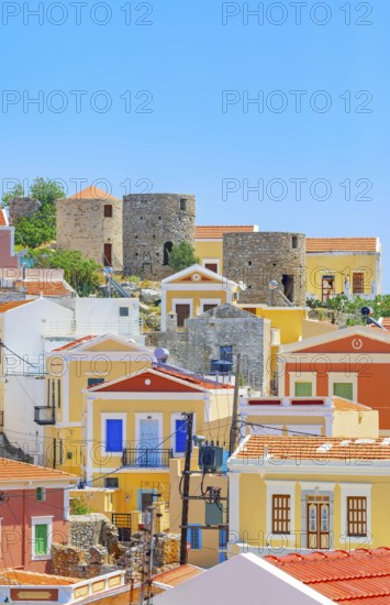 View of Chorio (upper town), Chorio, Symi Island, Dodecanese Islands, Greece