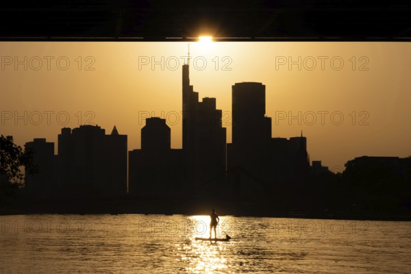 The evening sun stands over the Frankfurt banking skyline while paddlers and rowers navigate the Main, Frankfurt am Main, Hesse, Germany