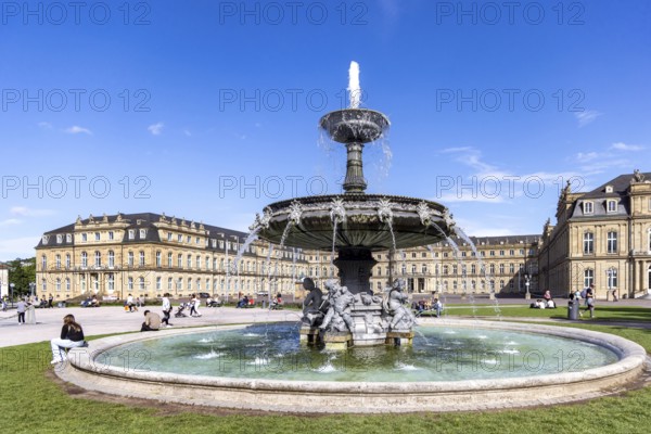 New Palace with Palace Square and fountain. City view of Stuttgart, Baden-Württemberg, Germany