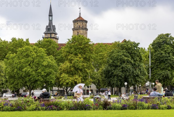 City view of Stuttgart with Schlossplatz and the two towers of the collegiate church. Stuttgart, Baden-Württemberg, Germany