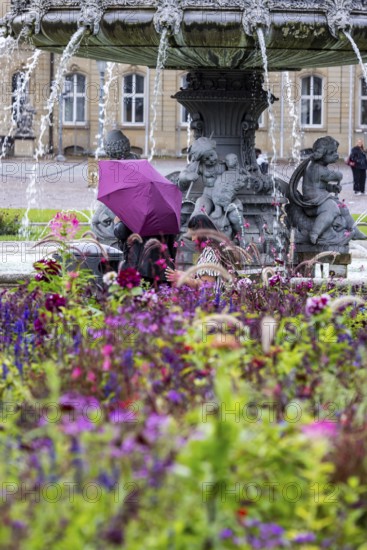 Palace square with park, New Palace and fountain. Stuttgart, Baden-Württemberg, Germany