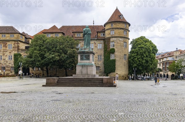 Schillerplatz Stuttgart with Schiller monument and Old Palace. Stuttgart, Baden-Württemberg, Germany