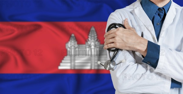 Doctor with stethoscope on Cambodia flag. Doctor holding stethoscope on Cambodia flag