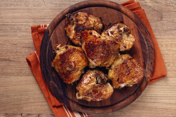 Fried chicken thighs, with spices, homemade, no people