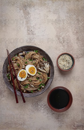 Buckwheat noodles, soba, with shimeji mushrooms, boiled egg, green onion, homemade, no people