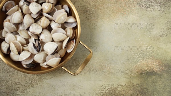 Freshly frozen vongole clams, in a frying pan, top view, no people