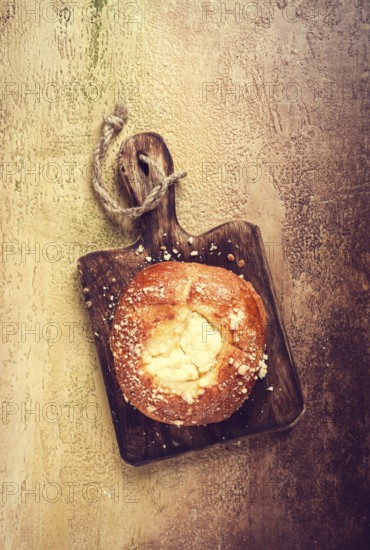 Bun with cottage cheese, pastries, cheesecake, no people