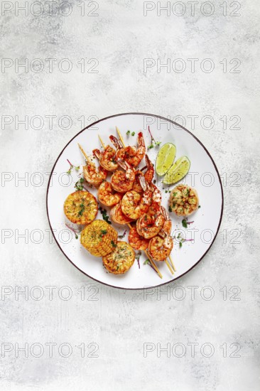 Tiger prawns on skewers, shrimp kebab, with corn, fried, homemade, no people