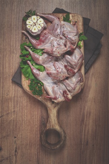 Raw quail meat, on a cutting board, with spices and herbs, top view