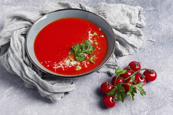 Tomato soup, with herbs and spices, homemade, no people