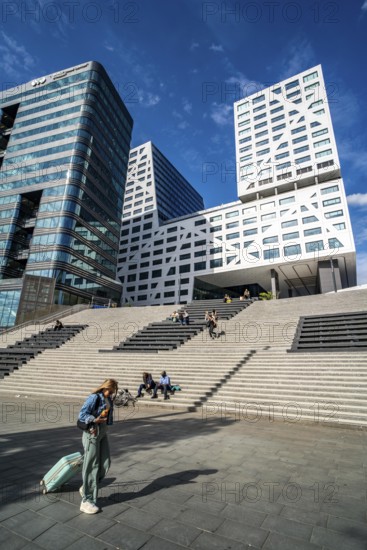 Skyline at Jaarbeursplein at Utrecht Centraal railway station, Stadskantoor building, municipal administration building for citizens, citizens' office, administrative services, municipal administration, office building to the left, World trade Centre, WTC building, stairs to station square, Utrecht Netherlands