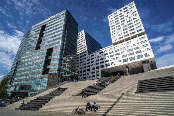 Skyline at Jaarbeursplein at Utrecht Centraal railway station, Stadskantoor building, municipal administration building for citizens, citizens' office, administrative services, municipal administration, office building to the left, World trade Centre, WTC building, stairs to station square, Utrecht Netherlands