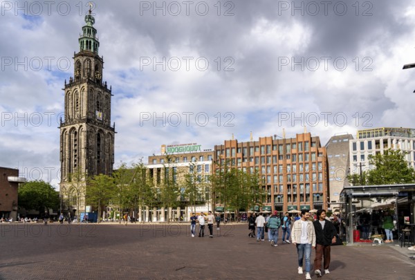 The Grote Markt in the old town of Groningen, Martinikerk church, centre of Forum Groningen, gastronomy, Netherlands