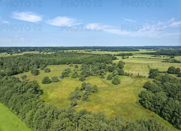 Landscape of the Störkathen Heath, nature reserve heathland near Kellinghusen, near Störkathen. Aerial view. Kellinghusen, Schleswig-Holstein, Germany