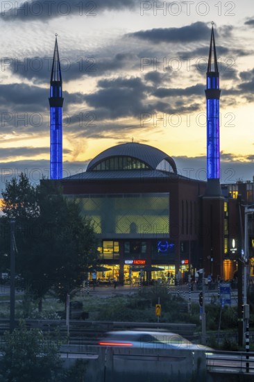City centre of Utrecht, Mosque Ulu Camii, Mosque at Utrecht Centraal station, evening lighting Netherlands