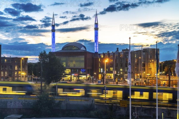City centre of Utrecht, Mosque Ulu Camii, Mosque at Utrecht Centraal station, evening lighting, public transport, tram, Netherlands