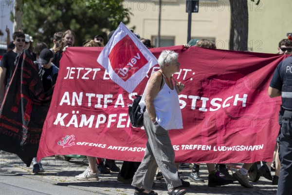 Counter-demonstration against the rally of AfD politician Joachim Paul in Ludwigshafen-Maudach***Picture: Large flag of Anitfa Ludwigshafen