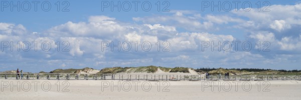 Wooden walkway on sandy beach, dunes, cloudy, panoramic format, Sankt Peter Ording, Eiderstedt, North Frisia, North Sea, Schleswig-Holstein, Germany