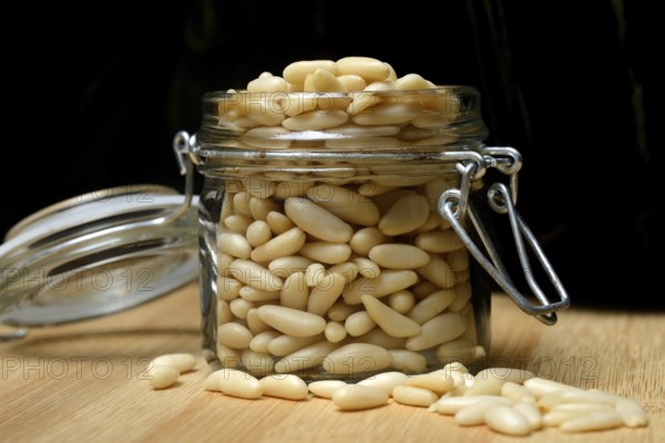 Pine nuts in glass containers, Pinus pinea