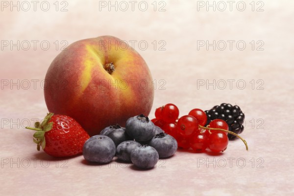 Various fruits, redcurrant, peach, strawberry, blueberry, blackberry