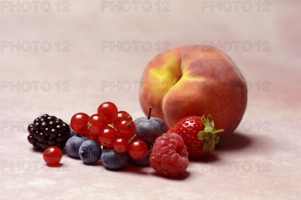 Various fruits, redcurrant, peach, strawberry, blueberry, blackberry, raspberry