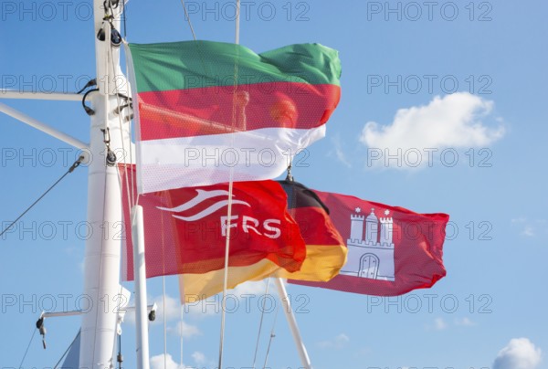 Flag of Heligoland, flag of the shipping company FRS, German flag and Hamburg state flag, flags, flags in vivid colours waving in the wind, hung on the mast of the ferry Halunderjet from Hamburg to Heligoland, catamaran, high speed, high speed, speedboat, boat trip, shipping, clear sky with small white clouds, holiday, sea, maritime, excursion, day trip, day trip, trip with the Halunderjet from Hamburg to Heligoland, Elbe, Lower Saxony, Schleswig-Holstein, Germany