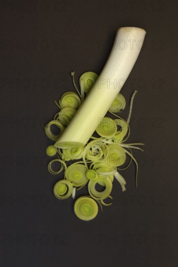 Leek stalk and sliced leek rings, leeks, leeks