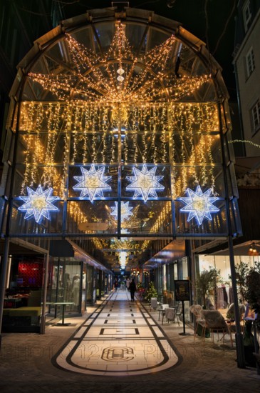 Night view, Calwer Passage, shopping mall, covered, decorated for Christmas, Stuttgart, Baden-Württemberg, Germany