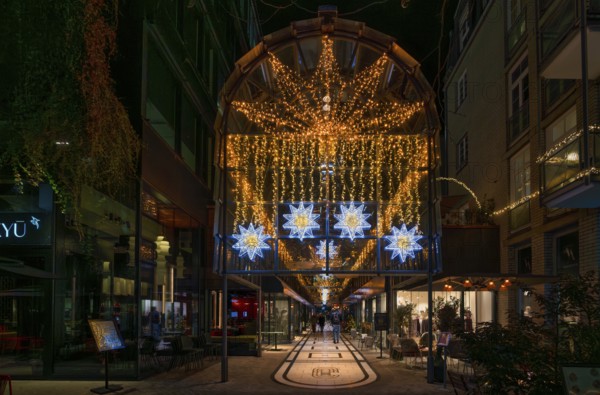 Night view, Calwer Passage, shopping mall, covered, decorated for Christmas, Stuttgart, Baden-Württemberg, Germany