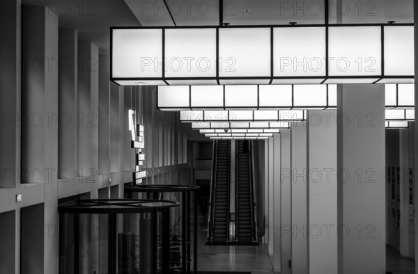 Black and white photography, interior photos, Humboldt Forum, modern ceiling lighting, Berlin, Germany