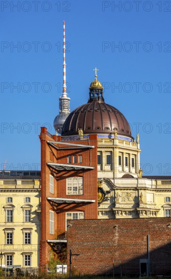 View of Schinkelplatz, Humboldt Forum and the Alexanderplatz TV Tower from Werderscher Markt, Berlin, Germany