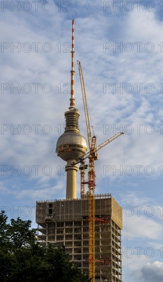View of the television tower from Kleine Alexanderstraße, new office complex on Alexanderplatz in Berlin Mitte, Germany