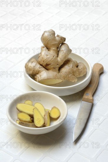 Ginger, ginger root and ginger slices in shell