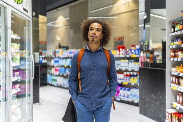 Young man with afro hair stands in a supermarket aisle, thoughtfully comparing products and planning grocery choices while scanning shelves for fresh, healthy options