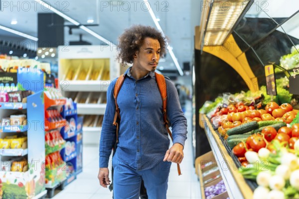 Man with curly hair and backpack browsing vibrant fresh fruits and vegetables in a bright supermarket produce aisle, selecting healthy organic options for daily shopping