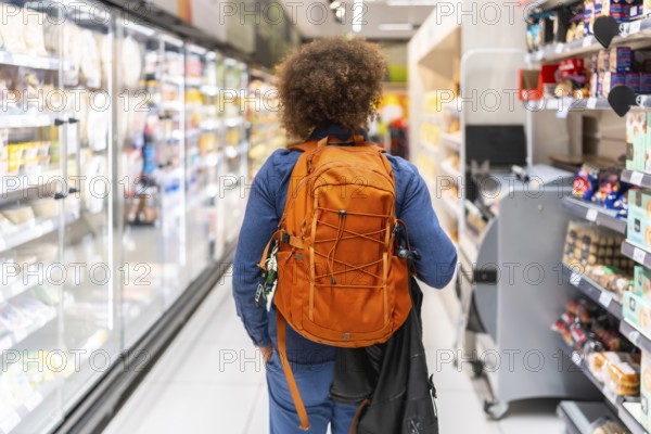 Person carrying a backpack walking down a grocery store aisle, navigating between refrigerated display cases and shelves filled with products, engaging in daily consumer activity