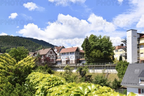 Forbach, Germany - July 12th 2025: Buildings surrounded by trees in Forbach. Scenic summer view of Black Forest town under blue sky