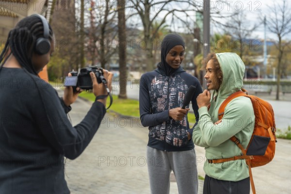 Diverse young content creators conducting a street interview with a gen z man in an urban public space, filming candid human interest stories for broadcast and social media platforms